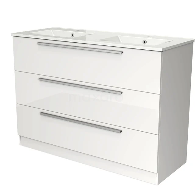White bathroom furniture set with double basin, sleek design, three drawers and silver handles.