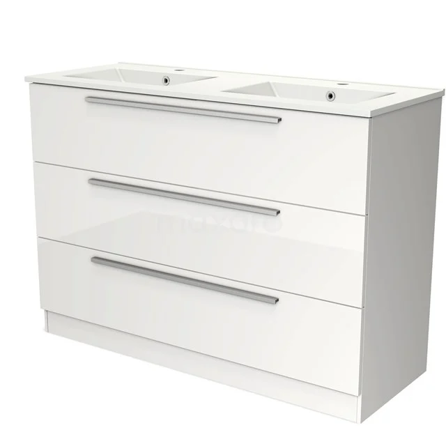 White double vanity unit with three drawers, sleek design and chrome handles, perfect for a modern bathroom.