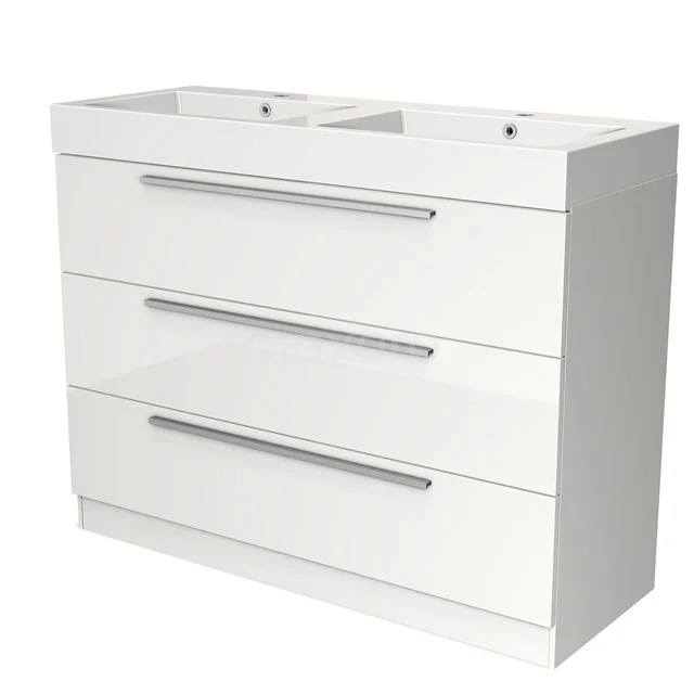 Badmöbel 120cm Modulo Hochglanz Weiß 3 Schubladen Stehendes Waschbecken Mineralguss BMW19S-00343 Weißes Badezimmermöbel mit Doppelwaschbecken, drei Softclose-Schubladen und modernem Design, ideal für moderne Bäder.