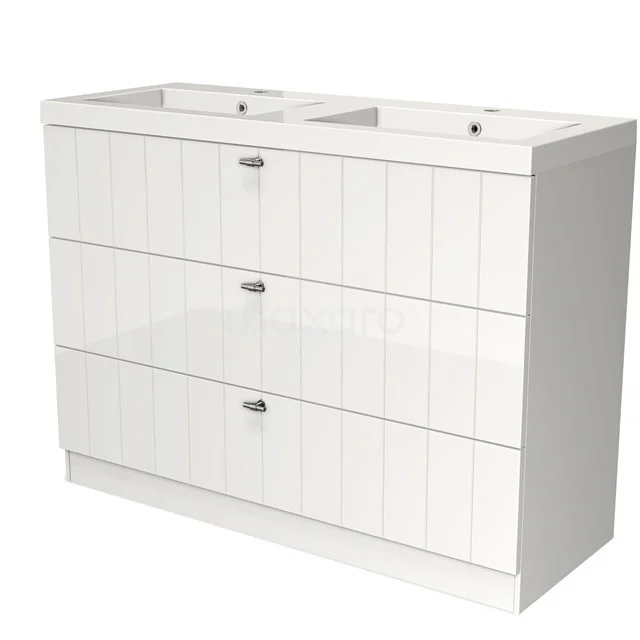 White bathroom unit with double sink, vertical panels and three wide drawers, ideal for modern bathroom storage.