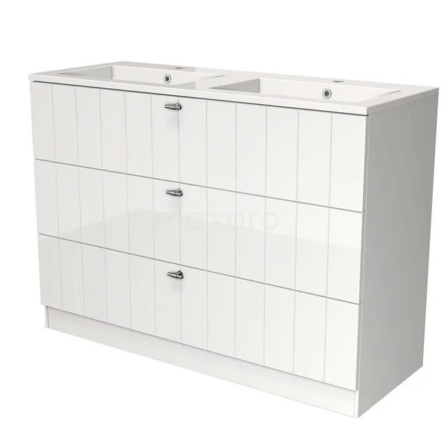 White double vanity unit with three drawers, wooden panels and modern finish, perfect for a stylish bathroom.