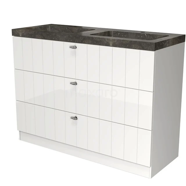 Weißes Badmöbel mit drei Schubladen, schwarzer Marmor Waschtischplatte und modernem Erscheinungsbild, perfekt für stilvolle Bäder.