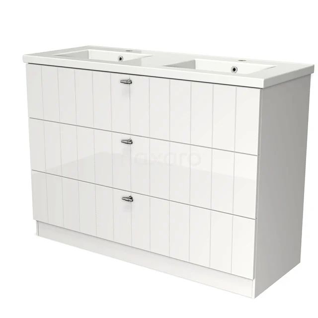 Modulo Vanity units with basin | 120 cm High-gloss white Slat front Ceramic 3 standing drawers BMW19S-00353 Double white vanity unit with rustic wooden panels, three drawers and glossy finish, perfect for a stylish bathroom.