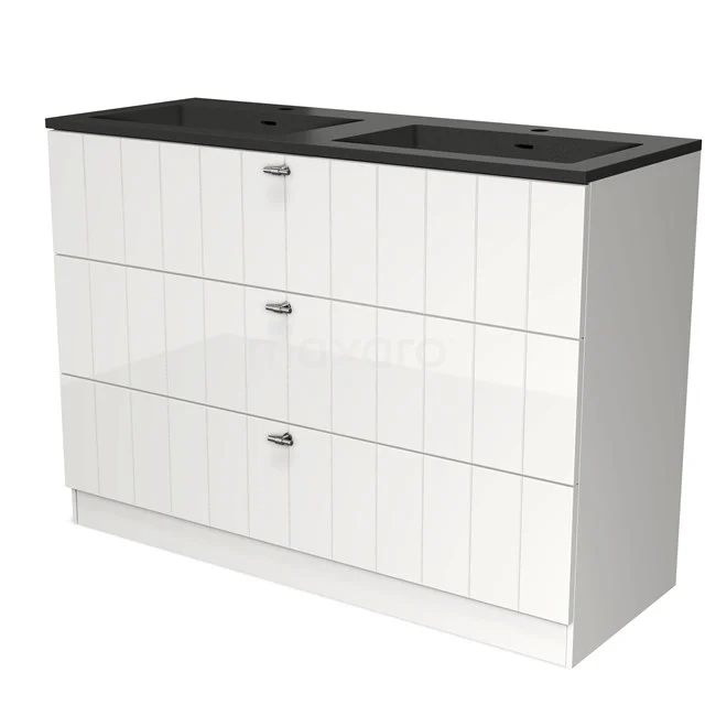 Weißer Badschrank mit schwarzer Platte, drei Schubladen und doppeltem Waschbecken, modernes Design in Hochglanzausführung.