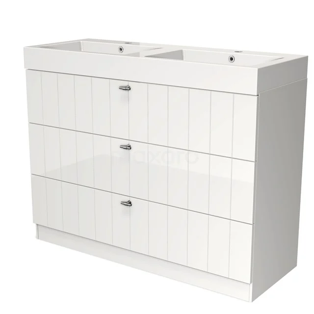 White bathroom unit with double basin, modern vertical panels and three spacious drawers for optimal storage space.