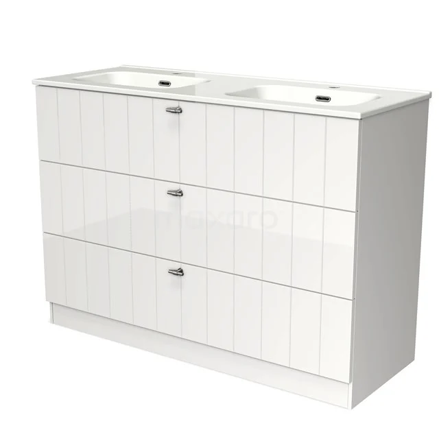 White bathroom unit with double basin, three drawers and vertical lines, ideal for a modern and stylish bathroom.