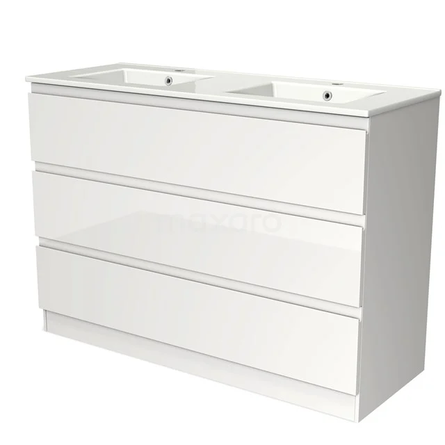 White wooden double vanity unit with three drawers, modern design for stylish bathroom furnishing.