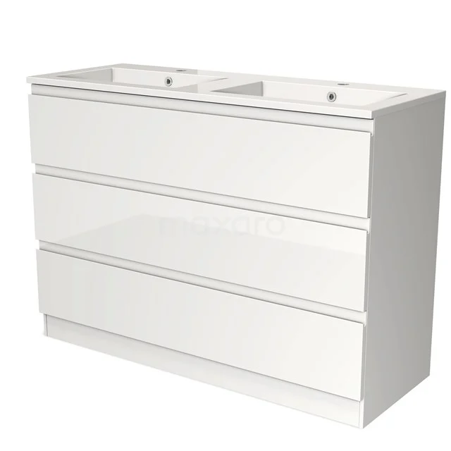 White double bathroom unit with three drawers, glossy finish, modern design. Perfect for storage space in the bathroom.