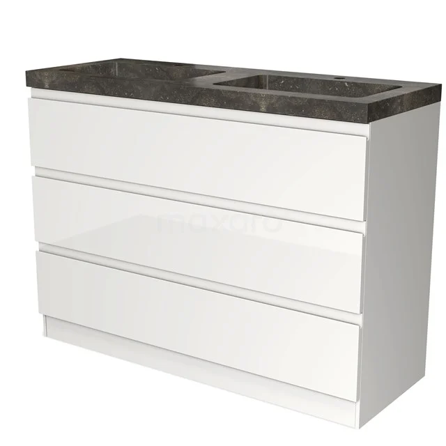 White bathroom unit with three drawers, black marble basin worktop and modern design, ideal for stylish bathroom storage.