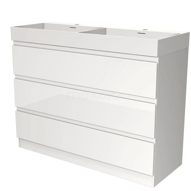 White double vanity unit, modern design with handleless drawers, ideal for stylish bathroom design.