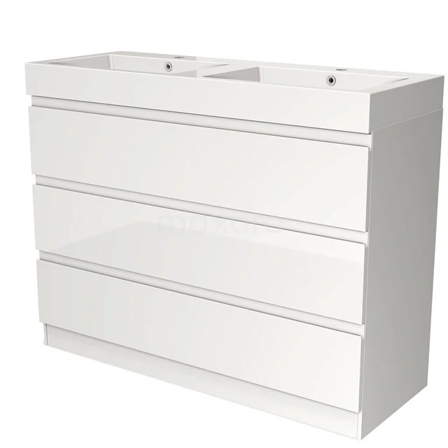 Weißen Doppelwaschbecken mit schickem Design, drei Schubladen, ideal für moderne Badezimmerlagerung.