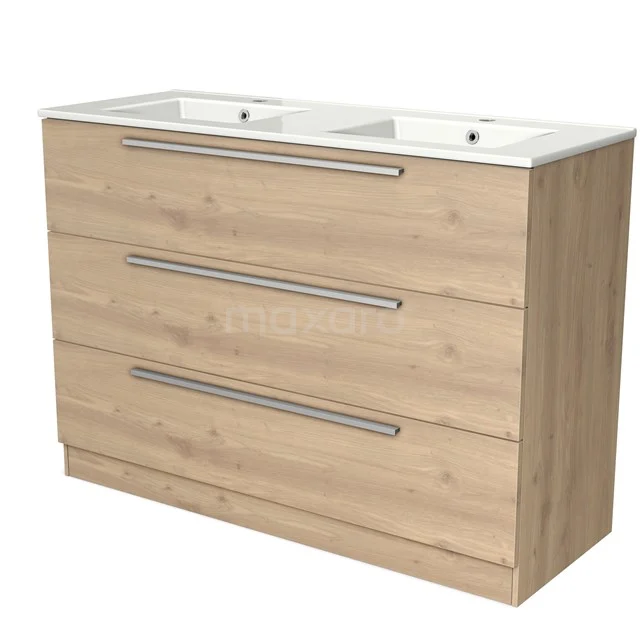 Wooden vanity units with double basin, light oak look, three drawers and sleek metal handles for a modern bathroom style.
