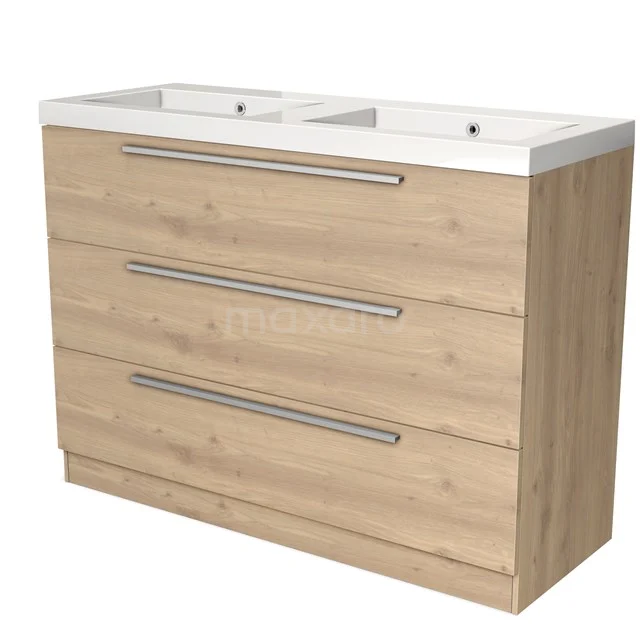 Wooden bathroom unit with double basin, three wide drawers and metal handles, ideal for modern bathrooms.