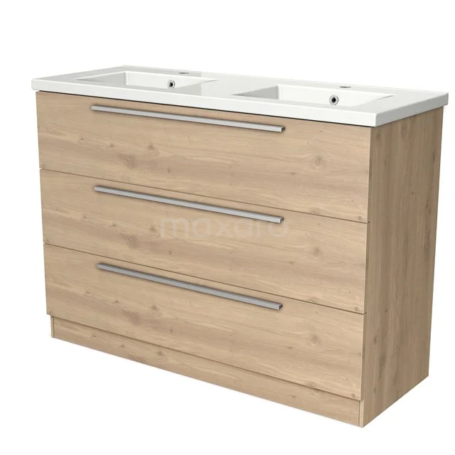 Holz-Waschtisch mit doppeltem Keramik-Waschbecken, hell Eiche, drei Schubladen und schlichten Metall-Haltegriffen.