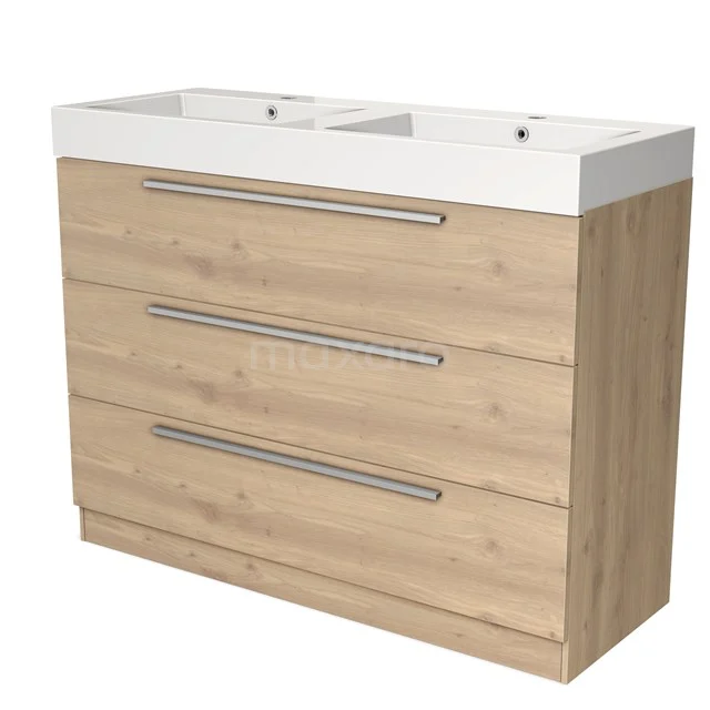 Wooden bathroom unit with light Oak colour, three drawers, chrome handles and double white basin, modern design.