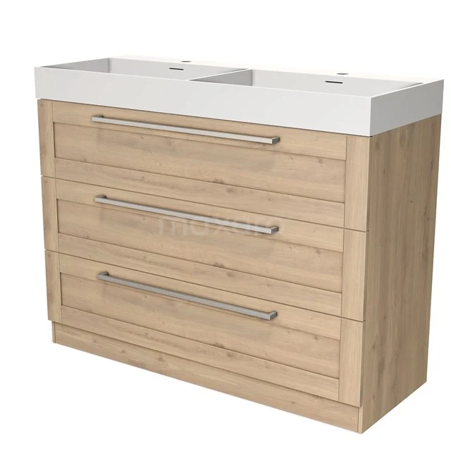 Modulo Vanity units with basin | 120 cm Light brown oak Frame front Solid surface 3 standing drawers BMW19S-00394 Wooden bathroom unit with light Oak look, three drawers and double white basin, modern and durable design.