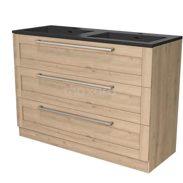 Hölzernes Badezimmermöbel mit drei Schubladen, schwarzer Doppelwaschbeckenplatte, schlankes Design, ideal für moderne Badezimmergestaltung.