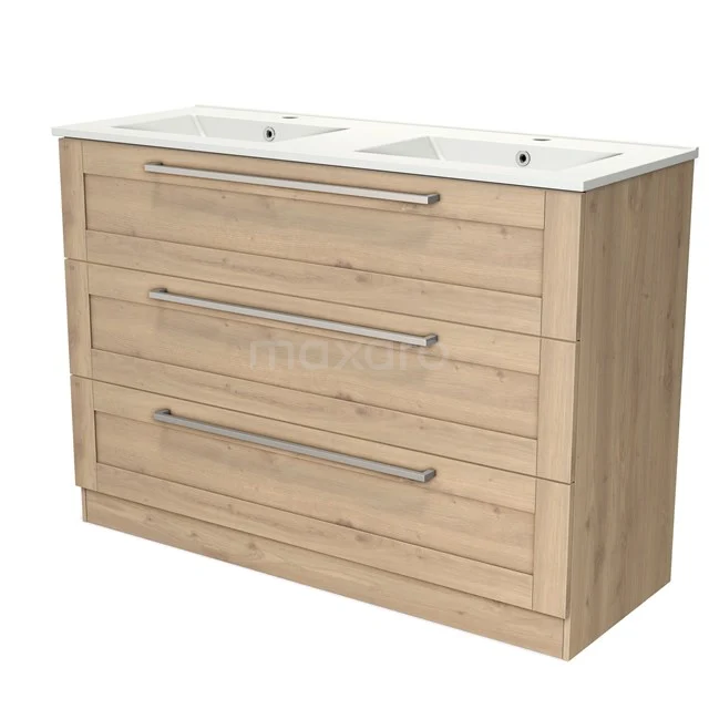 Hölzernes Badezimmermöbel mit Doppelwaschbecken, drei breiten Schubladen und metallenen Haltegriffen, ideal für praktische Badezimmerlagerung.