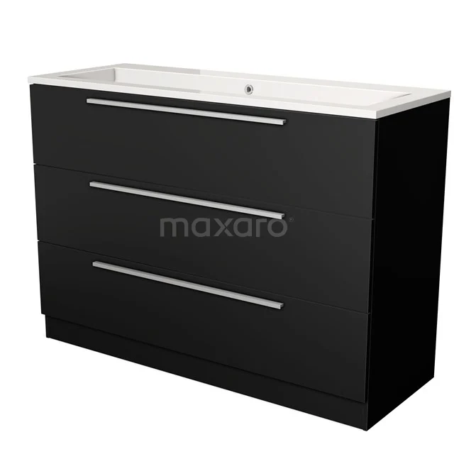 Zwart badkamermeubel met drie brede lades, elegant design, inclusief witte keramische wastafel uit moderne stijl-serie.
