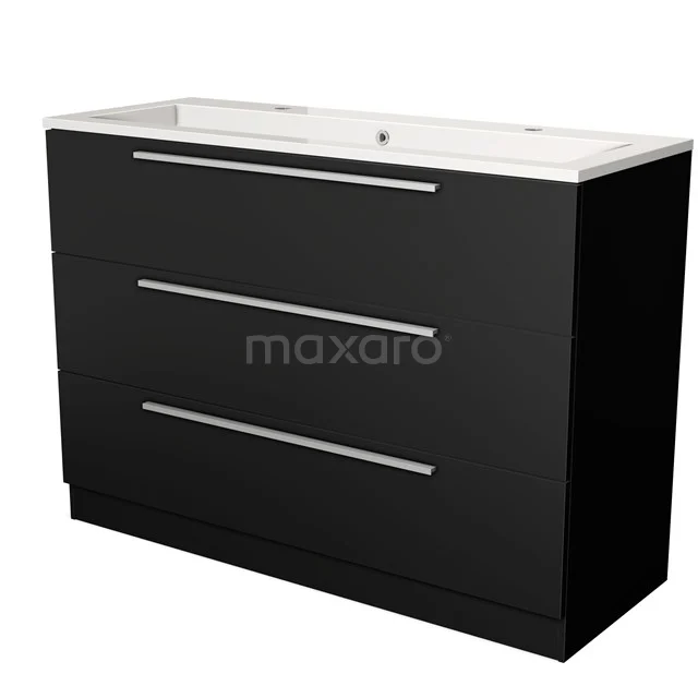 Zwarte badkamermeubel met witte wastafel, moderne strakke vormgeving, drie lades en metalen handgrepen.