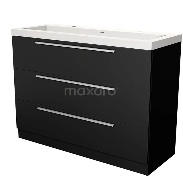 Black bathroom unit with white ceramic vanity units with basin, 3 drawers and a sleek modern design, ideal for stylish storage space.