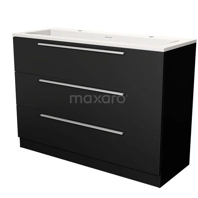 Black bathroom furniture set with white basin, wide drawers and sleek handles, ideal for modern bathroom design.
