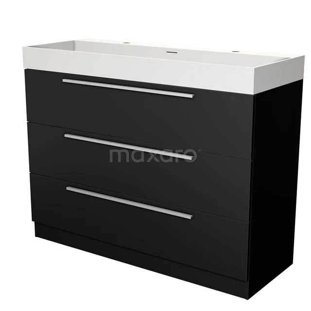 Black bathroom cabinet with three drawers, modern design and white basin worktop, ideal for stylish and practical bathroom storage.