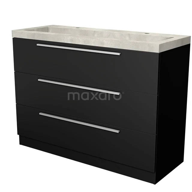 Zwarte badkamermeubel met drie lades en een lichte wastafel van natuursteen, modern design voor stijlvolle badkamers.