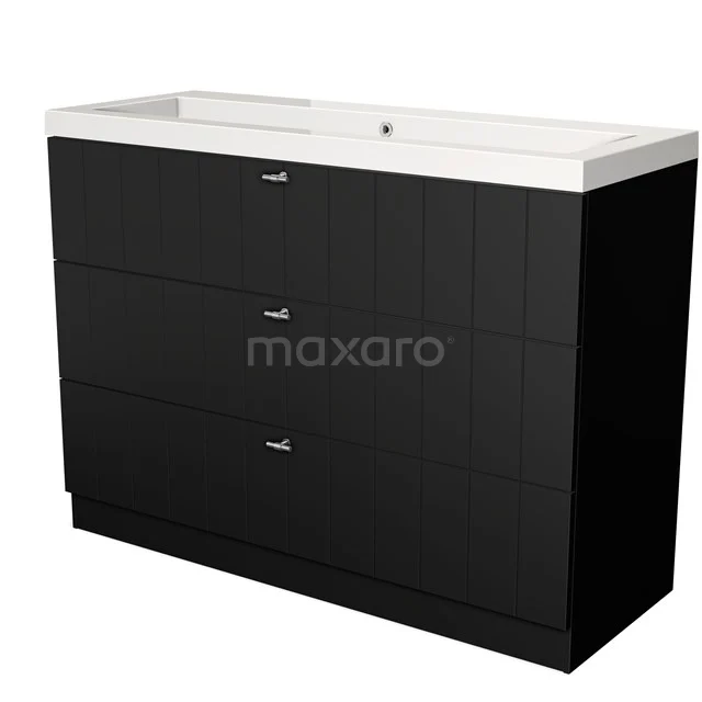 Black bathroom unit with integrated rectangular basin, three drawers and sleek modern design.