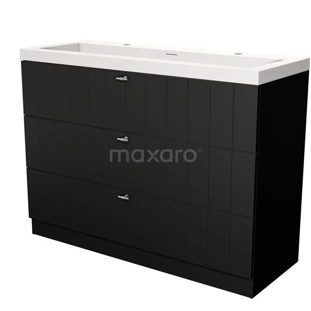 Black bathroom furniture set with three drawers, white ceramic basin and slim handles, modern design for luxury bathrooms.