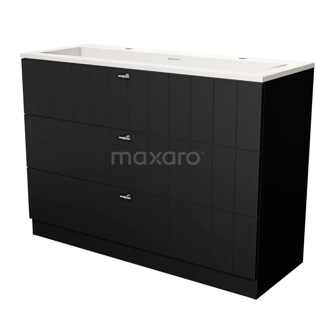 Modulo Waschtische | 120 cm Matt Schwarz Lamelle front Solid Surface 3 stehende Schubladen BMW19S-00420 Schwarzer Kommode mit weißem Waschbecken, modernes Design, ideal als Badmöbel, großzügiger Stauraum, klar und zeitlos.