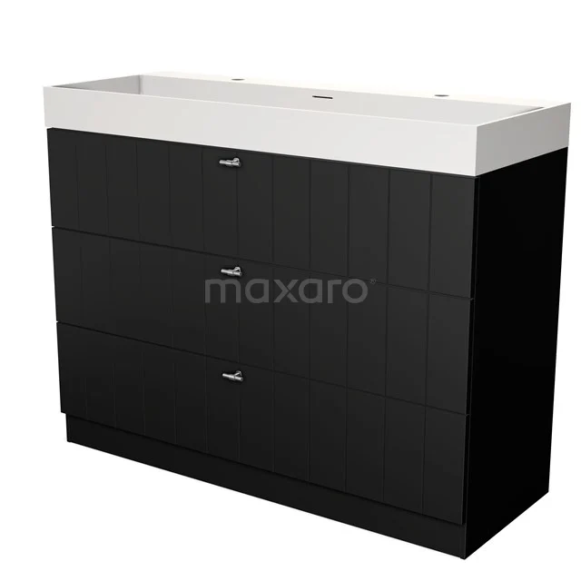 Modulo Waschtische | 120 cm Matt Schwarz Lamelle front Solid Surface 3 stehende Schubladen BMW19S-00422 Schwarz Badmöbel mit drei Schubladen und weißem Waschbecken, modernes Design, ideal für stilvollen Badezimmerstauraum.