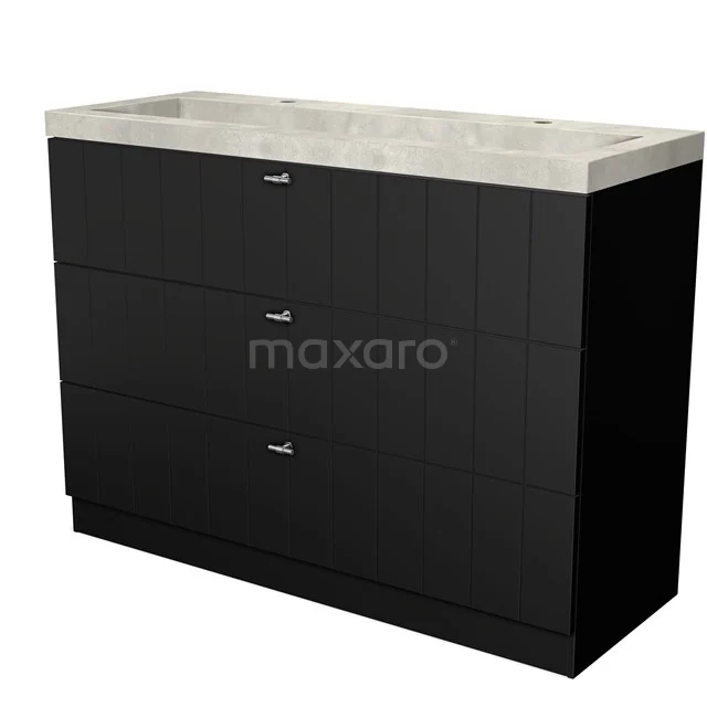 Modern black bathroom unit with three drawers and a concrete basin worktop, ideal for stylish bathroom storage.