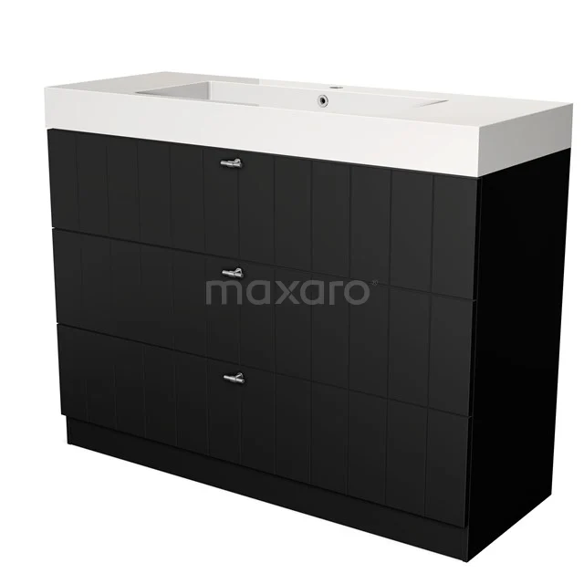 Modulo Bathroom furniture with sink | 120 cm Matte black Slat front Mineral marble 3 standing drawers BMW19S-00426 Black bathroom unit with three drawers, white basin worktop, sleek design, perfect for modern bathrooms.