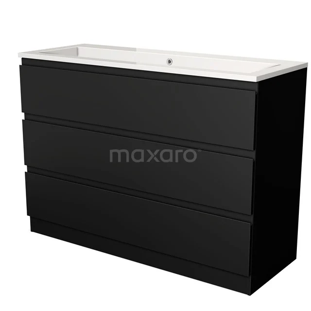 Zwarte badkamerkast met drie lades en een witte keramische wastafel, ideaal voor moderne badkamerruimtes.
