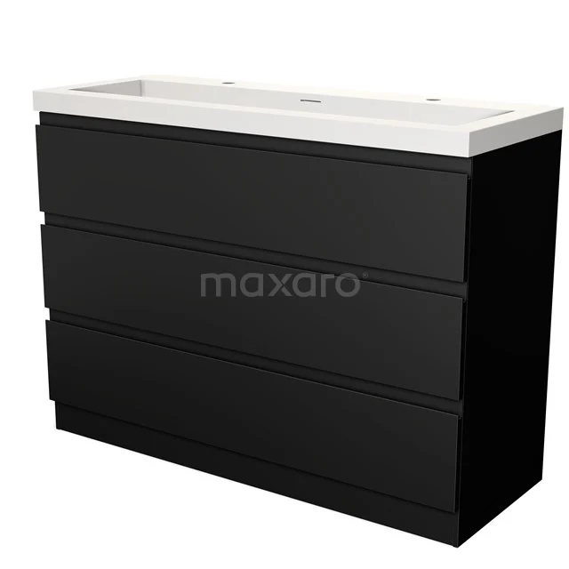 Zwart badkamermeubel met drie lades en witte wastafel, modern design, ideaal voor georganiseerde badkameropslag.