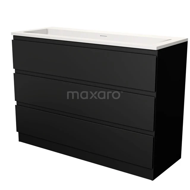 Zwarte badkamerkast met drie lades, modern design, voorzien van een wit keramisch wastafelblad, ideaal voor strakke badkamers.
