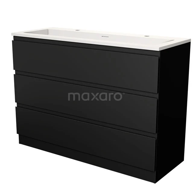 Zwarte badkamermeubelset met drie lades, strak design en wit keramisch wastafelblad, ideaal voor moderne badkamers.
