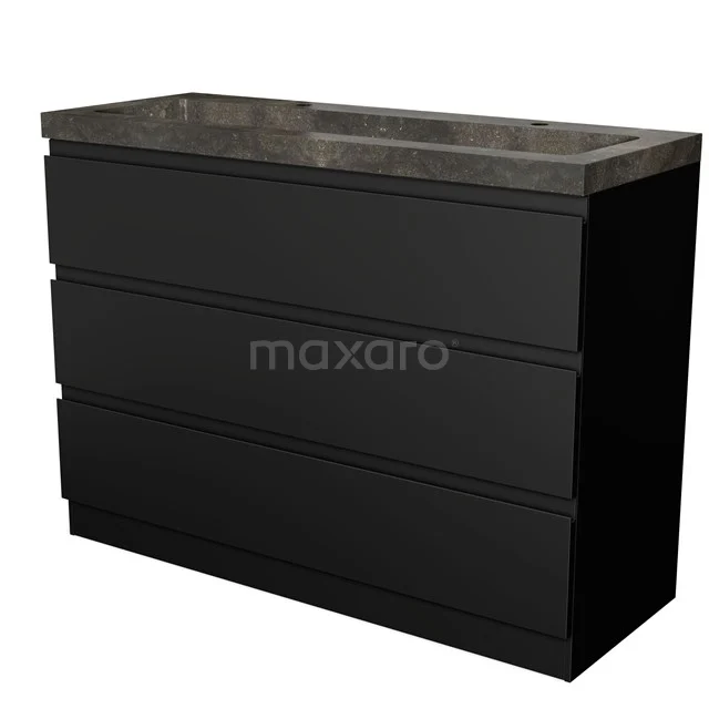 Zwart badkamermeubel met een marmeren wastafel, strak design en drie lades, ideaal voor een moderne badkamer inrichting.