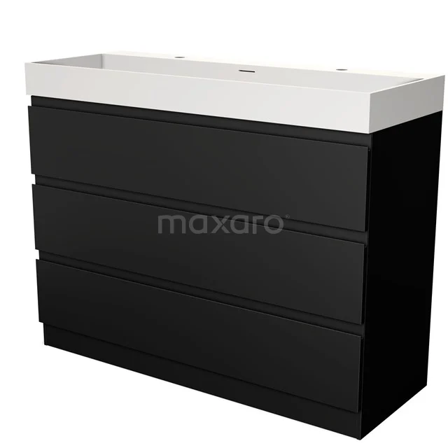 Zwarte badkamerkast met drie lades en witte wastafel van keramiek, strak design voor moderne badkamers.