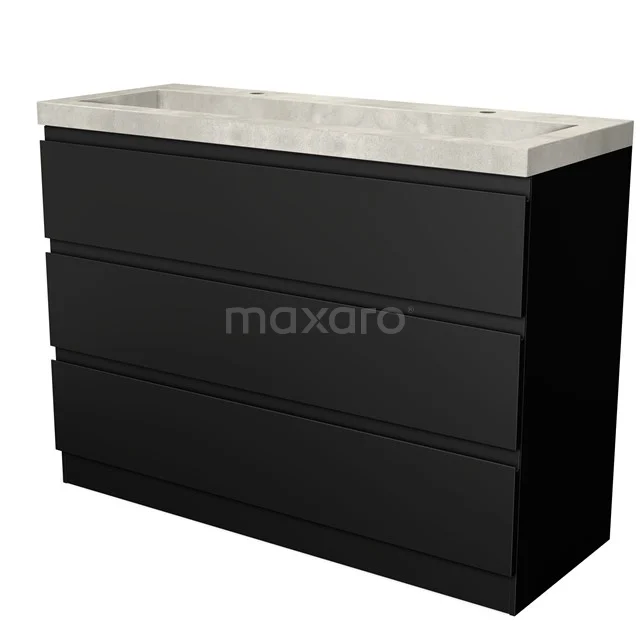 Badmöbel 120cm Modulo Matt Schwarz 3 Schubladen Griffloses Waschbecken Beton BMW19S-00437 Schwarzer Waschbeckenunterschrank mit drei Schubladen, Betonlook Waschbecken, modernes Design, ideal für eine stilvolle Badezimmer Einrichtung.
