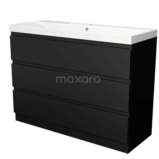 Zwarte badkamermeubelset met drie lades, modern ontwerp, wit keramisch wastafelblad. Perfect voor een strakke badkamerstijl.