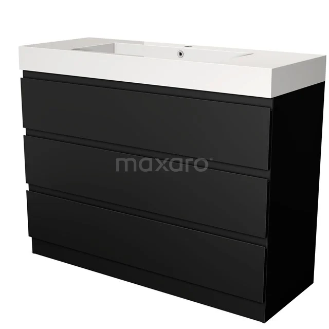 Zwarte badkamerkast met vier lades, witte keramische wastafel, modern design, ideaal voor stijlvolle badkameropslag.