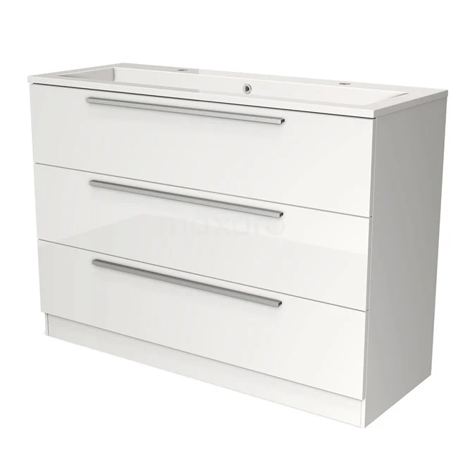 Witte badkamerkast met drie lades, strakke metalen handgrepen en een modern design, ideaal voor georganiseerde badkameropslag.