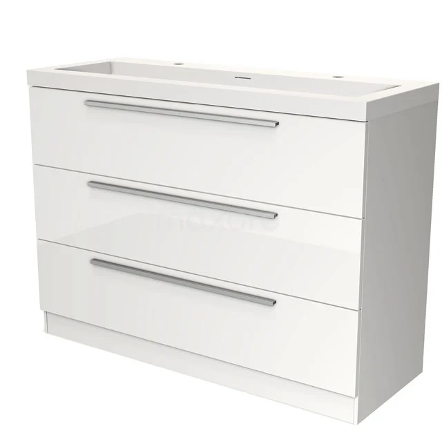 Wit badkamermeubel met drie lades, strakke metalen handgrepen en glanzende afwerking, ideaal voor moderne badkamers.
