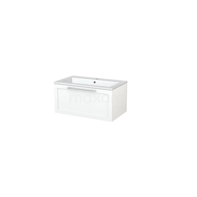 White rectangular bathroom unit with integrated vanity units with basin and drawer, sleek design, ideal for modern bathroom layouts.