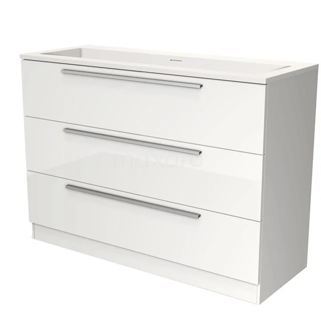 Wit badkamermeubel met drie brede lades, strak ontwerp, voorzien van aluminium handgrepen, ideaal voor moderne badkamers.