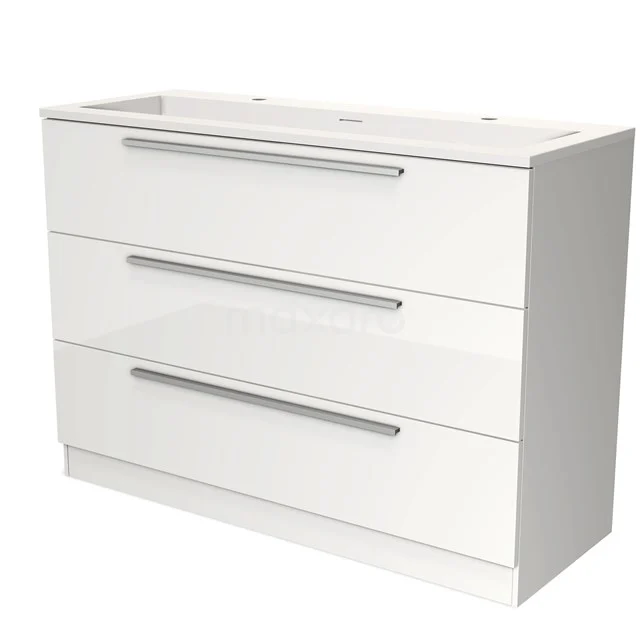 Witte badkamermeubel met drie lades, glanzende afwerking en metalen grepen, ideaal voor een moderne badkamer.