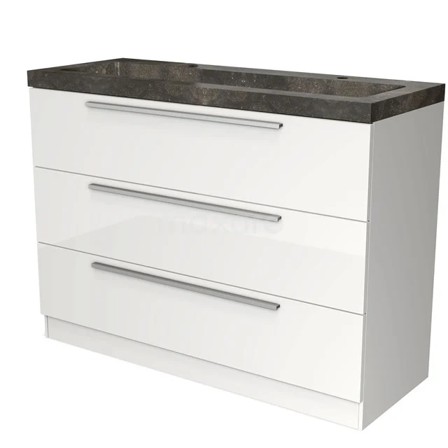 Wit badkamermeubel met drie lades, grijsstenen blad en strakke handgrepen, ideaal voor moderne badkamerinrichting.