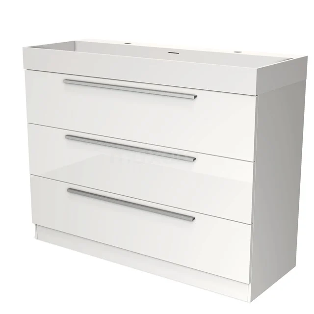 Witte badkamerkast met drie lades, strak design en metalen handgrepen, ideaal voor opbergruimte in moderne badkamers.